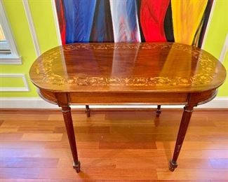 $175 - Vintage inlaid oval table, slight wobble; 26" H x 42" W x 24" D 