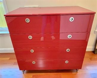 $250 - Red gloss finish four-drawer dresser - 41" H x 41.5" W x 23.5" D