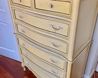 $195 - Cream colored French Provincial chest on chest dresser; scratches and stains; 54" H x 38" W x 20" D 