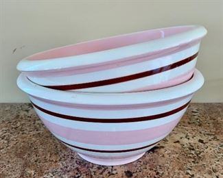 $38 - Set of 2 Terramoto pink and brown striped ceramic bowls (heavy earthenware); 6" H x 12" W 