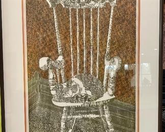 $140 - Maria McDonald signed and numbered lithograph "Cat in Chair", framed; 30" H x 22" W