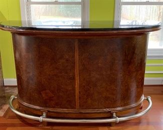 $595 - Tags ON! Pulaski Furniture Corporation Entertainment Bar with locking cabinet; Semi-circular bar with brass foot rail and marble top.  Extensive storage (see photos).  Excellent condition.  Approx 65” W x 42” H x 21” D.  250+ lbs