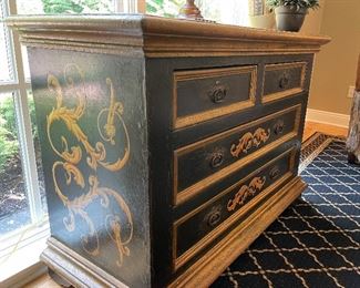 Hand painted chest with Portuguese design. 
49’’x 22’’x 36’’