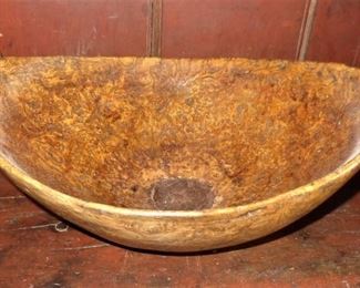 Antique burl bowl (12.5" x 14.5"); old repair to bottom center