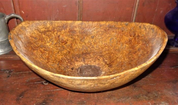 Antique burl bowl (12.5" x 14.5"); old repair to bottom center