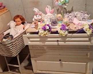Vintage 3 Drawer Chest to repurpose; Dolls, stuffed toys; vintage basinette; Easter Decorations