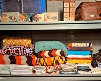 Vintage Afghans, Table Linens; Towels; Bedding; Suitcases; Spice Cabinet; Vintage Model Car Boxes