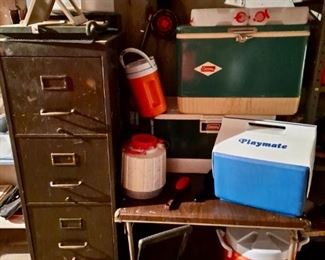 Vintage 4 Drawer Metal Cabinet, coolers (Coleman) , playmates, lunch boxes, large and smaller beverage coolers