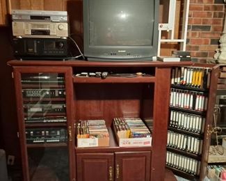 Cherry Colored Entertainment Unit, TV, Books, VHS Tapes, Stereo, Video, & Audio Equipment 