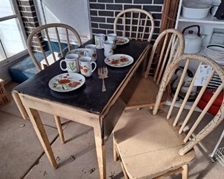 Primitive Drop Leaf Dining Table & 4 Chairs; assorted dinnerware, serving ware and much more!