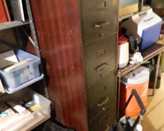 Vintage wood file cabinet and paper cutter, coolers and storage tubs and bags