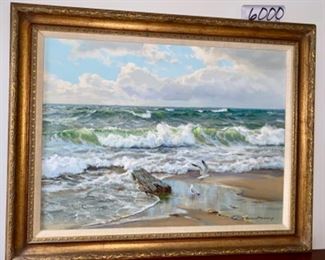 Lot 6000 $3,800.00 "Sandy Shore," an original oil painting by Charles Vickery. Vickery is one of our favorite artists with roots in LaGrange, IL. This painting took second place in the International Seascape Competition in Mystic, Connecticut in 1982. We have sold several of Vickery's original works in the past. No one captures light in waves and does Seascapes like Charles Vickery! Vickery has since passed, but he grew up in LaGrange and is a local favorite artist!