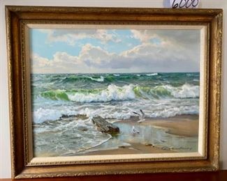 Lot 6000 $3,800.00 "Sandy Shore," an original oil painting by Charles Vickery. Vickery is one of our favorite artists with roots in LaGrange, IL. This painting took second place in the International Seascape Competition in Mystic, Connecticut in 1982. We have sold several of Vickery's original works in the past. No one captures light in waves and does Seascapes like Charles Vickery! Vickery has since passed, but he grew up in LaGrange and is a local favorite artist!