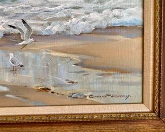 Lot 6000 $3,800.00 "Sandy Shore," an original oil painting by Charles Vickery. Vickery is one of our favorite artists with roots in LaGrange, IL. This painting took second place in the International Seascape Competition in Mystic, Connecticut in 1982.. We have sold several of Vickery's original works in the past. No one captures light in waves and does Seascapes like Charles Vickery! Vickery has since passed, but he grew up in LaGrange and is a local favorite artist!