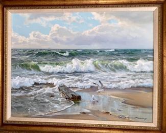 Lot 6000 $3,800.00 "Sandy Shore," an original oil painting by Charles Vickery. Vickery is one of our favorite artists with roots in LaGrange, IL. This painting took second place in the International Seascape Competition in Mystic, Connecticut in 1982.. We have sold several of Vickery's original works in the past. No one captures light in waves and does Seascapes like Charles Vickery! Vickery has since passed, but he grew up in LaGrange and is a local favorite artist!