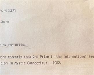 Lot 6000 $3,800.00 "Sandy Shore," an original oil painting by Charles Vickery. Vickery is one of our favorite artists with roots in LaGrange, IL. This painting took second place in the International Seascape Competition in Mystic, Connecticut in 1982.. We have sold several of Vickery's original works in the past. No one captures light in waves and does Seascapes like Charles Vickery! Vickery has since passed, but he grew up in LaGrange and is a local favorite artist!