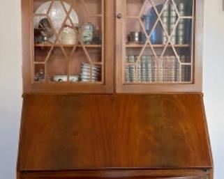 Lot 6002 $395.00 Antique Secretary with Glass Doors and Opens to Desk with Cubbies. Very Sweet - if there is a manufacturer's name, perhaps it's on the back. 78" H x 32" W x 16" D