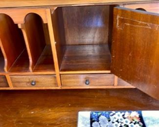 Lot 6002 $395.00 Antique Secretary with Glass Doors and Opens to Desk with Cubbies. Very Sweet - if there is a manufacturer's name, perhaps it's on the back. 78" H x 32" W x 16" D