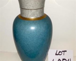 Lot 6004. $250.00 Royal Copenhagen MCM 12" Crackle Vase Designed by Thorkild Olsen for RC, Denmark., circa 1952 (a very good year!!) 12"t x 5.5" diam. Blue Crackle Vase, gold paint decoration 12"t x 5.5" diam