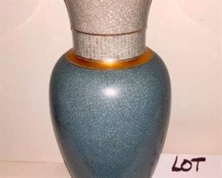 Lot 6004. $250.00 Royal Copenhagen MCM 12" Crackle Vase Designed by Thorkild Olsen for RC, Denmark., circa 1952 (a very good year!!) 12"t x 5.5" diam. Blue Crackle Vase, gold paint decoration 12"t x 5.5" diam