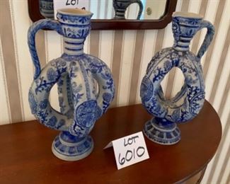 Lot 6010. $450.00. Two Blue Salt Glaze Pottery Double Loop Ewers "73" Made in Germany 16" tall x 9" diameter. Elegant - These have sold over $1200 online.