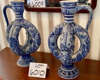 Lot 6010. $450.00. Two Blue Salt Glaze Pottery Double Loop Ewers "73" Made in Germany 16" tall x 9" diameter. Elegant.