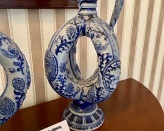 Lot 6010. $450.00. Two Blue Salt Glaze Pottery Double Loop Ewers "73" Made in Germany 16" tall x 9" diameter. Elegant.