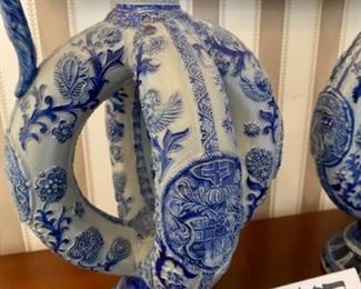 Lot 6010. $450.00. Two Blue Salt Glaze Pottery Double Loop Ewers "73" Made in Germany 16" tall x 9" diameter. Elegant.