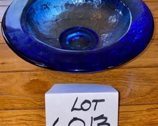 Lot 6013. $295.00. Fire & Light Signed Cobalt Blue Art Glass Bowl 11" Diameter with a wide rim, 3-1/4" high. Absolutely Stunning pebbled glass design on the short mini-pedestal base. Selling online on eBay $600+. One of my favorite pieces in the home. Very heavy, btw.