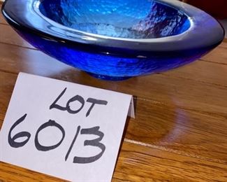 Lot 6013. $295.00. Fire & Light Signed Cobalt Blue Art Glass Bowl 11" Diameter with wide rim, 3-1/4" high - Absolutely Stunning pebbled glass design on a short mini-pedestal base. Selling online on ebay $600+. One of my favorite pieces in the home. Very heavy, btw.