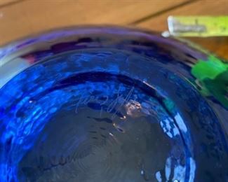 Lot 6013. $295.00. Fire & Light Signed Cobalt Blue Art Glass Bowl 11" Diameter with wide rim, 3-1/4" high - Absolutely Stunning pebbled glass design on a short mini-pedestal base. Selling online on ebay $600+ One of my favorite pieces in the home. Very heavy, btw.