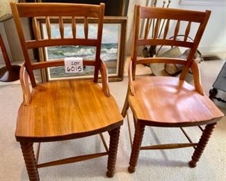 Lot 6015. $200.00. Two of the most lovely chairs with turned front legs - They are side chairs but are such a combination of form and function that it defies description! #27339-2, measure 19"w x 20"d x 32" seat height. These are on my top 10 list of the sale, too. How do you wonder? They are just wooden chairs, but I've never sat on a more comfortable chair with such great looks and craftsmanship. They had to be hand-made but no markings.