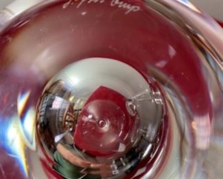 Lot 6017 $110.00. 3 unique pieces of signed hand-blown Mid Century Modern Bubble Based Crystal, tall narrow vase measures 14"t x 4" d x bowl 9"tall x 8.5" diameter and small bowl 7.5" diameter x 4" tall. The three pieces look like they may be Orrefors and signed by the artist.