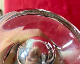 Lot 6017 $110.00. 3 unique pieces of signed hand-blown Mid Century Modern Bubble Based Crystal, tall narrow vase measures 14"t x 4" d x bowl 9"tall x 8.5" diameter and small bowl 7.5" diameter x 4" tall. The three pieces look like they may be Orrefors and signed by the artist.