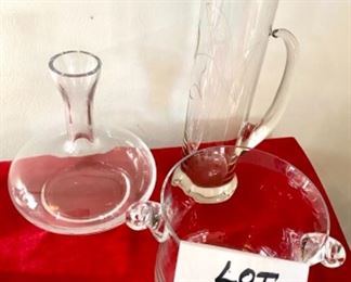 Lot 6018. $45.00 Etched glass martini pitcher - so MCM, Small Ice Bucket, 9"d x 6"t by Lenox USA a couple of small nicks, negligible, and a Decanter with a bubble body 8"t