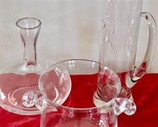 Lot 6018. $45.00 Etched glass martini pitcher - so MCM, Small Ice Bucket, 9"d x 6"t by Lenox USA a couple of small nicks, negligible, and a Decanter with a bubble body 8"t