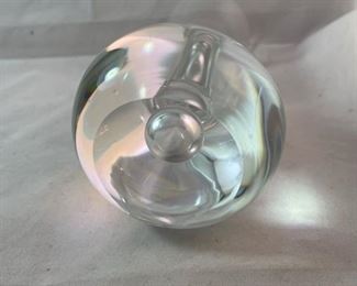 Lot 6017 $110.00. 3 unique pieces of signed hand-blown Mid Century Modern Bubble Based Crystal, tall narrow vase measures 14"t x 4" d x bowl 9"tall x 8.5" diameter and small bowl 7.5" diameter x 4" tall. The three pieces look like they may be Orrefors and signed by the artist.