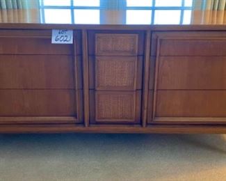 Lot 6021. $975.00. BUY THIS COOL BEDROOM SET! Vintage Century Furniture Bedroom Set, actual Mid-Century includes 9 Drawer Dresser (62"L x 19" d x 31" T), 5 Drawer High Boy, (44"t x 38"w x 19"d), 2-Side Night Tables, (22"w x 16"d x 23.5" t), 1 Mirror. There are two twin beds available, however, mattresses are old.