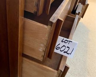 Lot 6021. $975.00. BUY THIS COOL BEDROOM SET! Vintage Century Furniture Bedroom Set, actual Mid-Century includes 9 Drawer Dresser (62"L x 19" d x 31" T), 5 Drawer High Boy, (44"t x 38"w x 19"d), 2-Side Night Tables, (22"w x 16"d x 23.5" t), 1 Mirror. There are two twin beds available, however, mattresses are old.