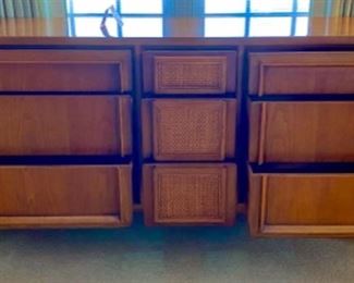 Lot 6021. $975.00. BUY THIS COOL BEDROOM SET! Vintage Century Furniture Bedroom Set, actual Mid-Century includes 9 Drawer Dresser (62"L x 19" d x 31" T), 5 Drawer High Boy, (44"t x 38"w x 19"d), 2-Side Night Tables, (22"w x 16"d x 23.5" t), 1 Mirror. There are two twin beds available, however, mattresses are old.
