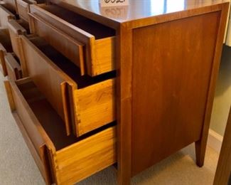 Lot 6021. $975.00. BUY THIS COOL BEDROOM SET! Vintage Century Furniture Bedroom Set, actual Mid-Century includes 9 Drawer Dresser (62"L x 19" d x 31" T), 5 Drawer High Boy, (44"t x 38"w x 19"d), 2-Side Night Tables, (22"w x 16"d x 23.5" t), 1 Mirror. There are two twin beds available, however, mattresses are old.