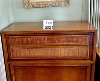 Lot 6021. $975.00. BUY THIS COOL BEDROOM SET! Vintage Century Furniture Bedroom Set, actual Mid-Century includes 9 Drawer Dresser (62"L x 19" d x 31" T), 5 Drawer High Boy, (44"t x 38"w x 19"d), 2-Side Night Tables, (22"w x 16"d x 23.5" t), 1 Mirror. There are two twin beds available, however, mattresses are old.