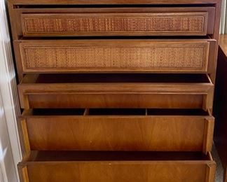 Lot 6021. $975.00. BUY THIS COOL BEDROOM SET! Vintage Century Furniture Bedroom Set, actual Mid-Century includes 9 Drawer Dresser (62"L x 19" d x 31" T), 5 Drawer High Boy, (44"t x 38"w x 19"d), 2-Side Night Tables, (22"w x 16"d x 23.5" t), 1 Mirror. There are two twin beds available, however, mattresses are old.