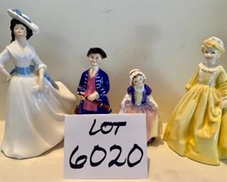 Lot 6020. $125.00. 4 Vintage Porcelain Figurines: F G Doughty Royal Worcester Fine Bone China, England, Grandmother's Dress #3081, Margaret HN 2397 Royal Doulton, 8" tall, from 1981, Boy From Williamsburg Royal Doulton RK2183, and Dinky Do #1678. Vintage Figurines.