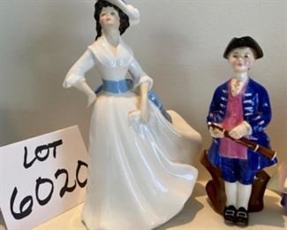Lot 6020. $125.00. 4 Vintage Porcelain Figurines: F G Doughty Royal Worcester Fine Bone China, England, Grandmother's Dress #3081, Margaret HN 2397 Royal Doulton, 8" tall, from 1981, Boy From Williamsburg Royal Doulton RK2183, and Dinky Do #1678. Vintage Figurines.