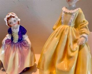 Lot 6020. $125.00. 4 Vintage Porcelain Figurines: F G Doughty Royal Worcester Fine Bone China, England, Grandmother's Dress #3081, Margaret HN 2397 Royal Doulton, 8" tall, from 1981, Boy From Williamsburg Royal Doulton RK2183, and Dinky Do #1678. Vintage Figurines.