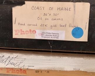 Lot 6022. $1,200.00. John Phillip Osborne "Coast of Maine". Original Oil Painting This is a larger piece: 36x30 framed. Hand-Carved 22k Gold Leaf Frame, and a stunning seascape by this Listed Artist.