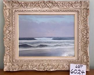 Lot 6024. $225.00. Beautiful oil painting by Robert Hamblen (1932-2017) "Sea Coast" #12. 23x19". Shabby Chic frame - Mr. Hamblen won many an award for his seascapes. This is a very peaceful painting, intended to calm the viewer. We also have Hamblen at Lot 6139.
