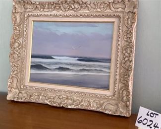 Lot 6024. $225.00. Beautiful oil painting by Robert Hamblen (1932-2017) "Sea Coast" #12. 23x19". Shabby Chic frame - Mr. Hamblen won many an award for his seascapes. This is a very peaceful painting, intended to calm the viewer. We also have Hamblen at Lot 6139.