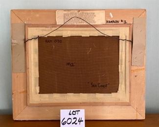 Lot 6024. $225.00. Beautiful oil painting by Robert Hamblen (1932-2017) "Sea Coast" #12. 23x19". Shabby Chic frame - Mr. Hamblen won many an award for his seascapes. This is a very peaceful painting, intended to calm the viewer. We also have Hamblen at Lot 6139.